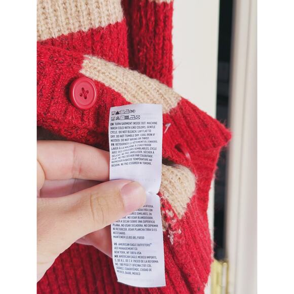 American Eagle Red Cream Rugby Stripe Button Cardigan Sweater XS Academia Preppy - Picture 8 of 9